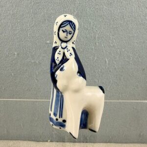 Vintage Gzhel Russian Porcelain Figurine Girl with Goat Blue White USSR Folk Art